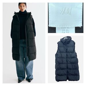H&M Long Puffer Vest Jacket Coat Hooded Black Women's XL Sleeveless